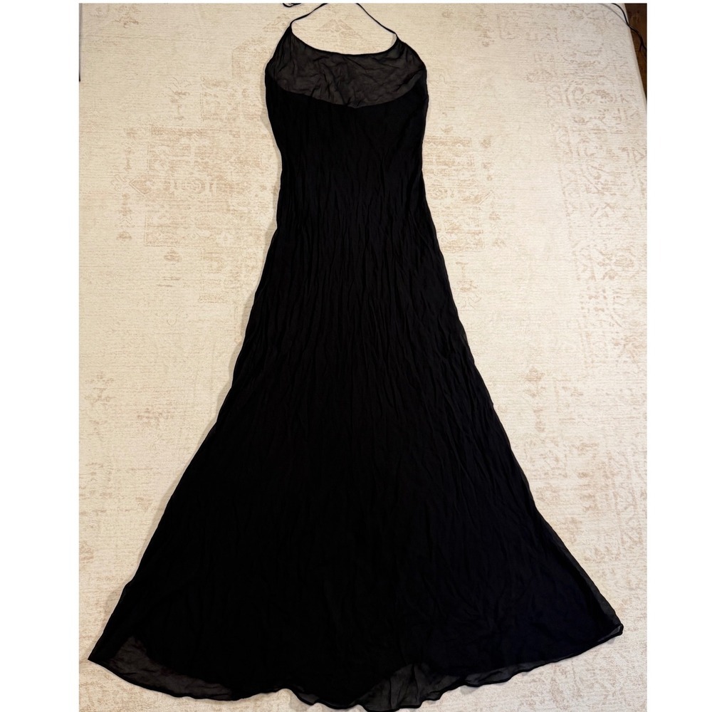 Skims Sheer Viscose Halter Maxi Dress Onyx Black Crinkle Gown Size Small